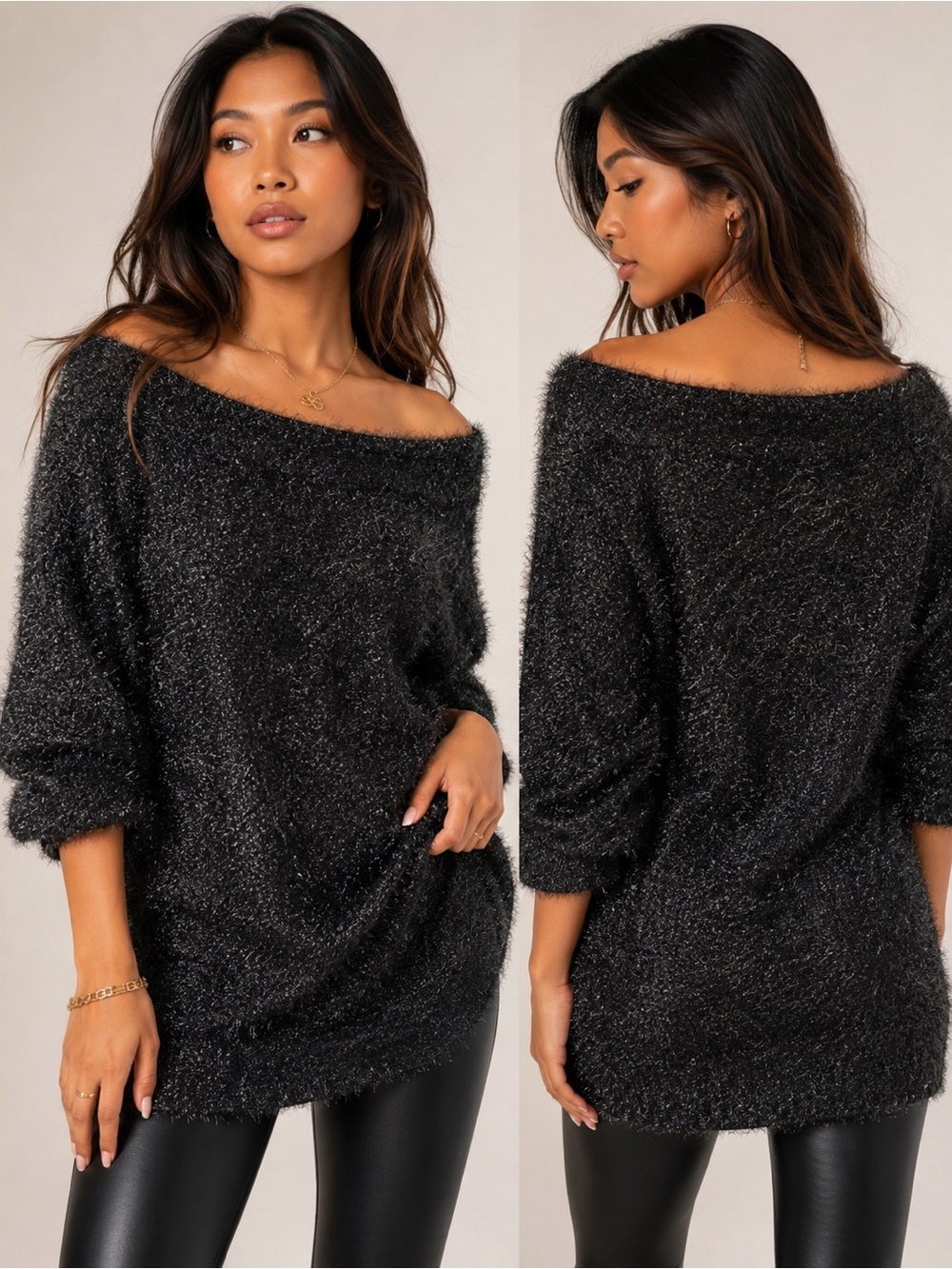 Bebe Black Metallic Fuzzy Oversized Sweater Soft Glam Cozy Knit Size S